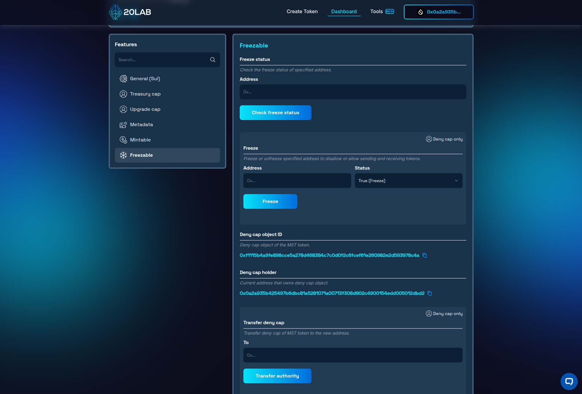 Freezable section of dashboard