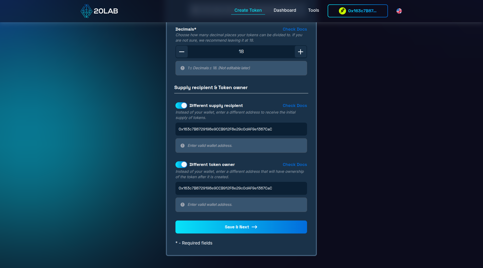 Supply recipient and token owner set to the deployer wallet