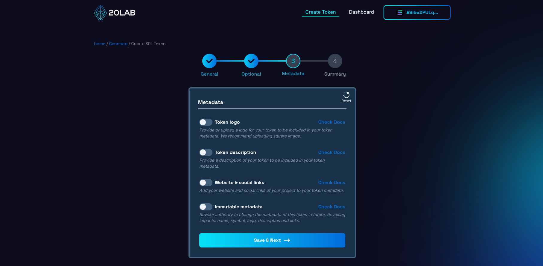 Metadata section of generator for Solana token