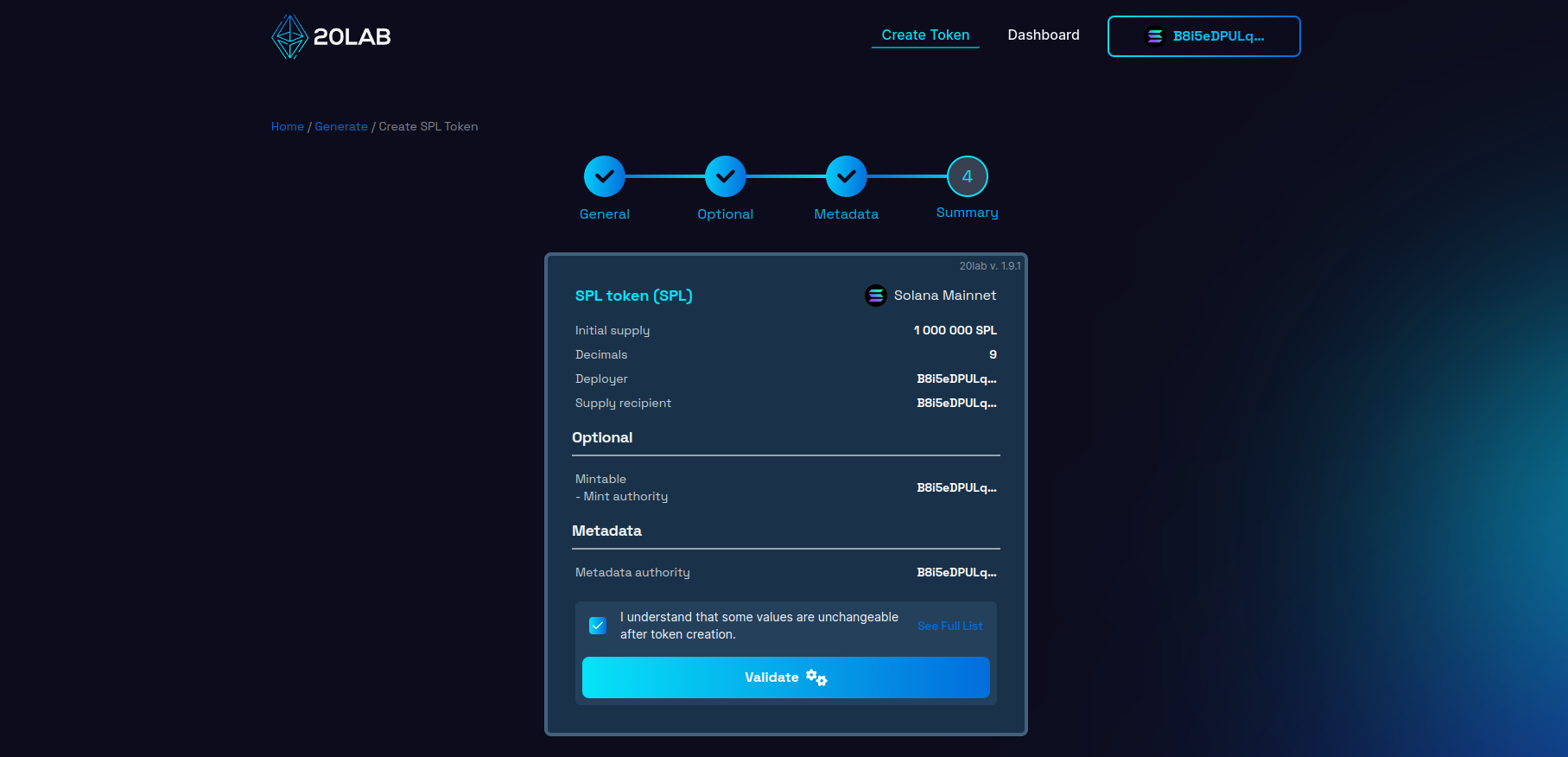 Summary page with all selected features and provided values