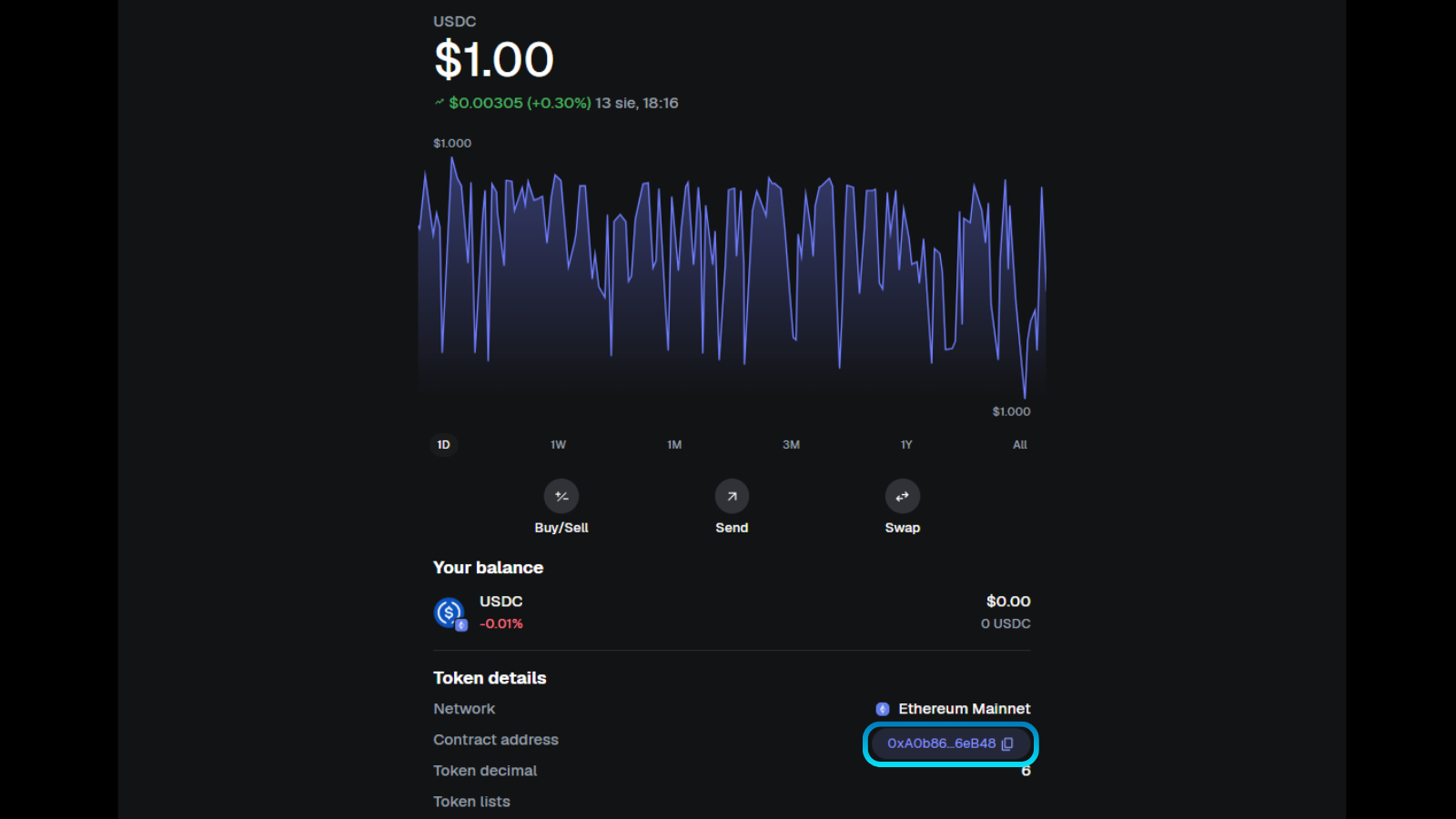 MetaMask showing information about the USDC token with the contract address highlighted.