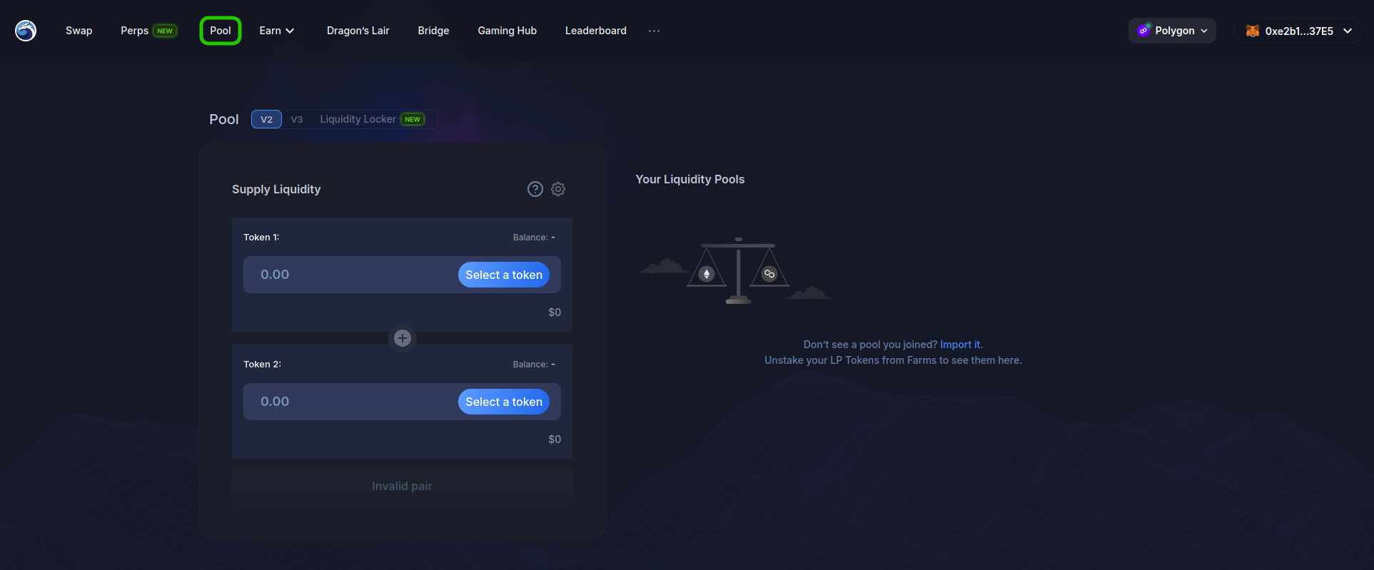 QuickSwap liquidity interface with V2 type chosen
