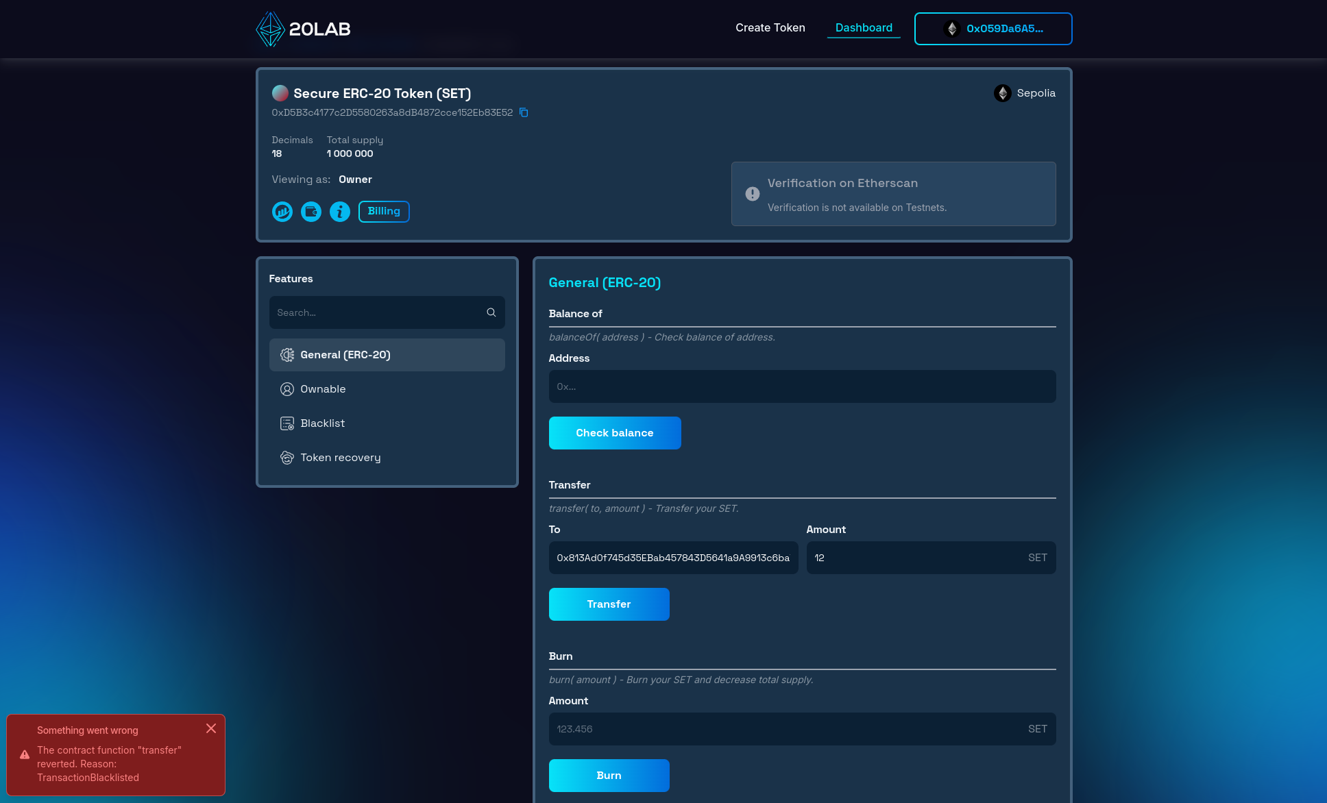 Error when transferring tokens to blacklisted address