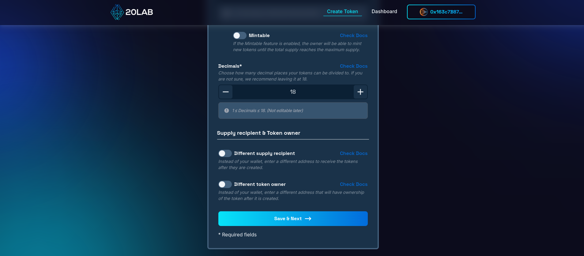 View on different supply recipient and different token owner options