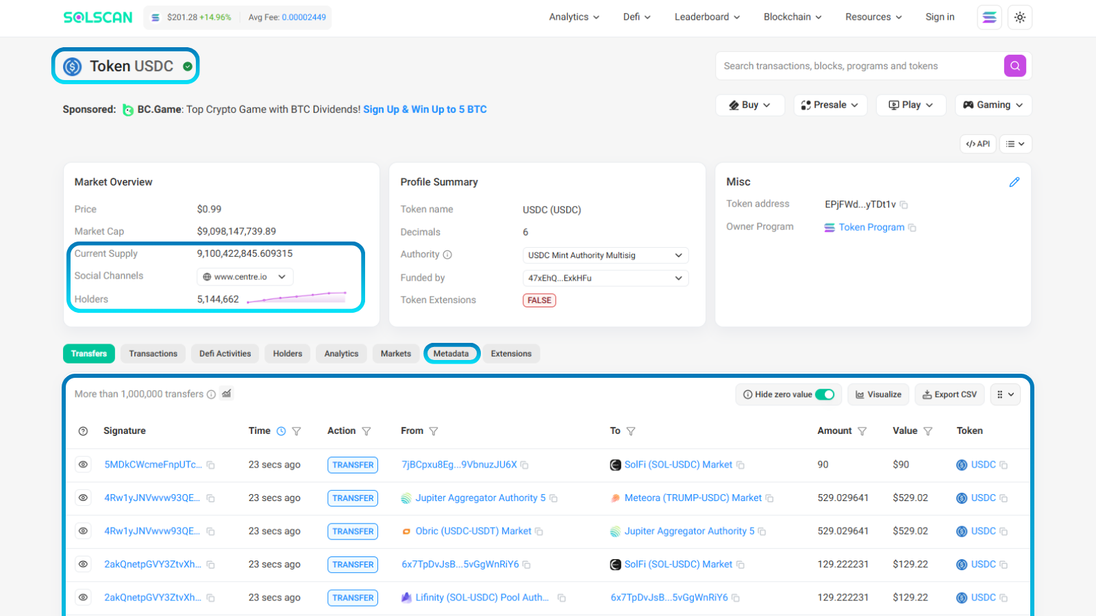 Solscan shows the page for the USDC token with the token name and symbol, current supply, holders, and current transactions.
