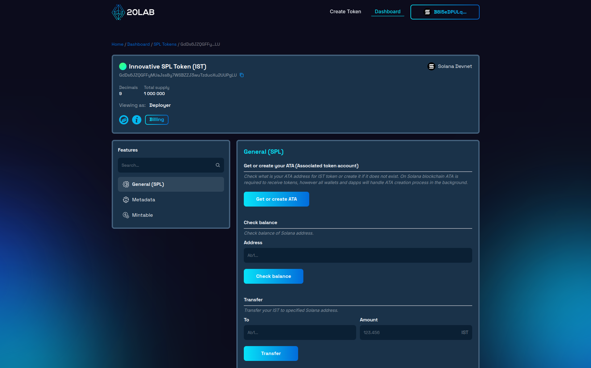 Dashboard panel for newly created SPL token