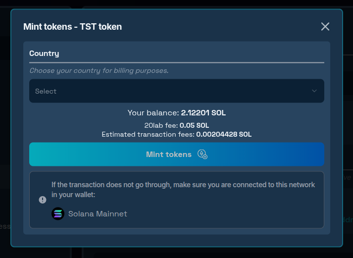 Mint tokens confirmation modal