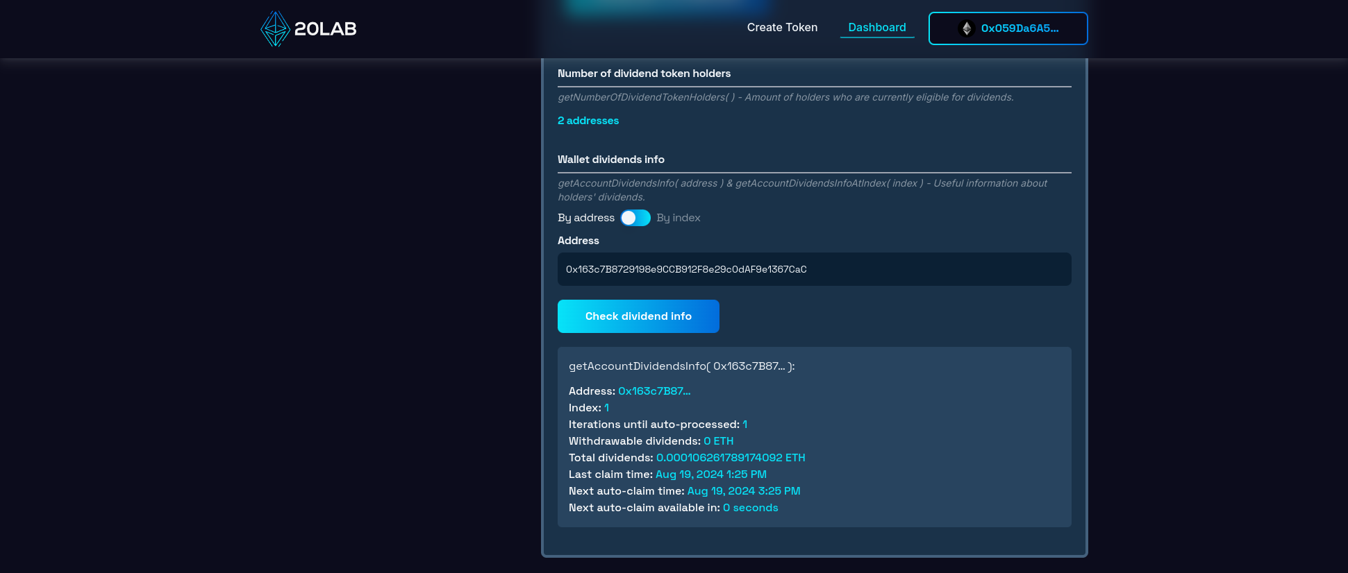 Overview on detailed dividends data for specified address
