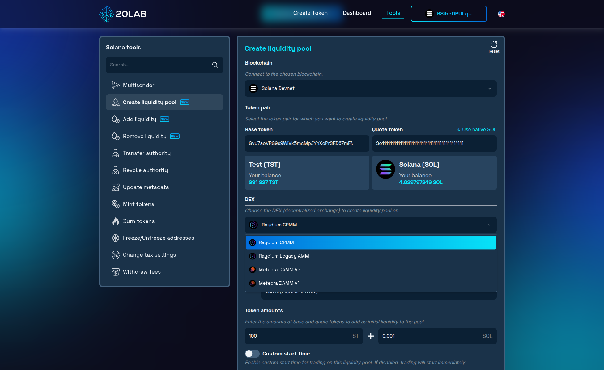 Create Solana liquidity pool tool interface with chosen base and quote tokens