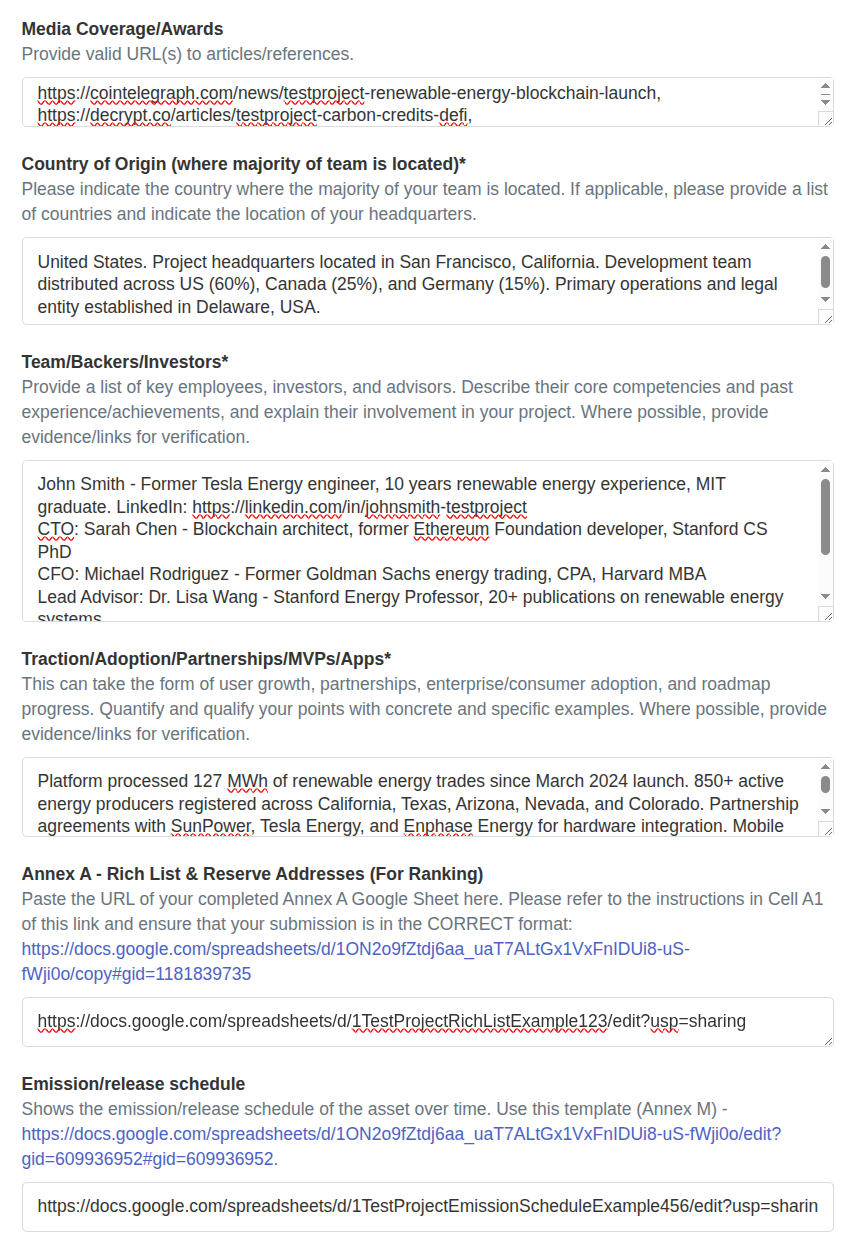 Fragment of CoinMarketCap application form with sections: Media Coverage/Awards, Country of Origin, Team/Backers/Investors, Traction/Adoption/Partnerships/MVPs/Apps, Annex - A Rich List & Reserve Addresses, and Emission/Release schedule.