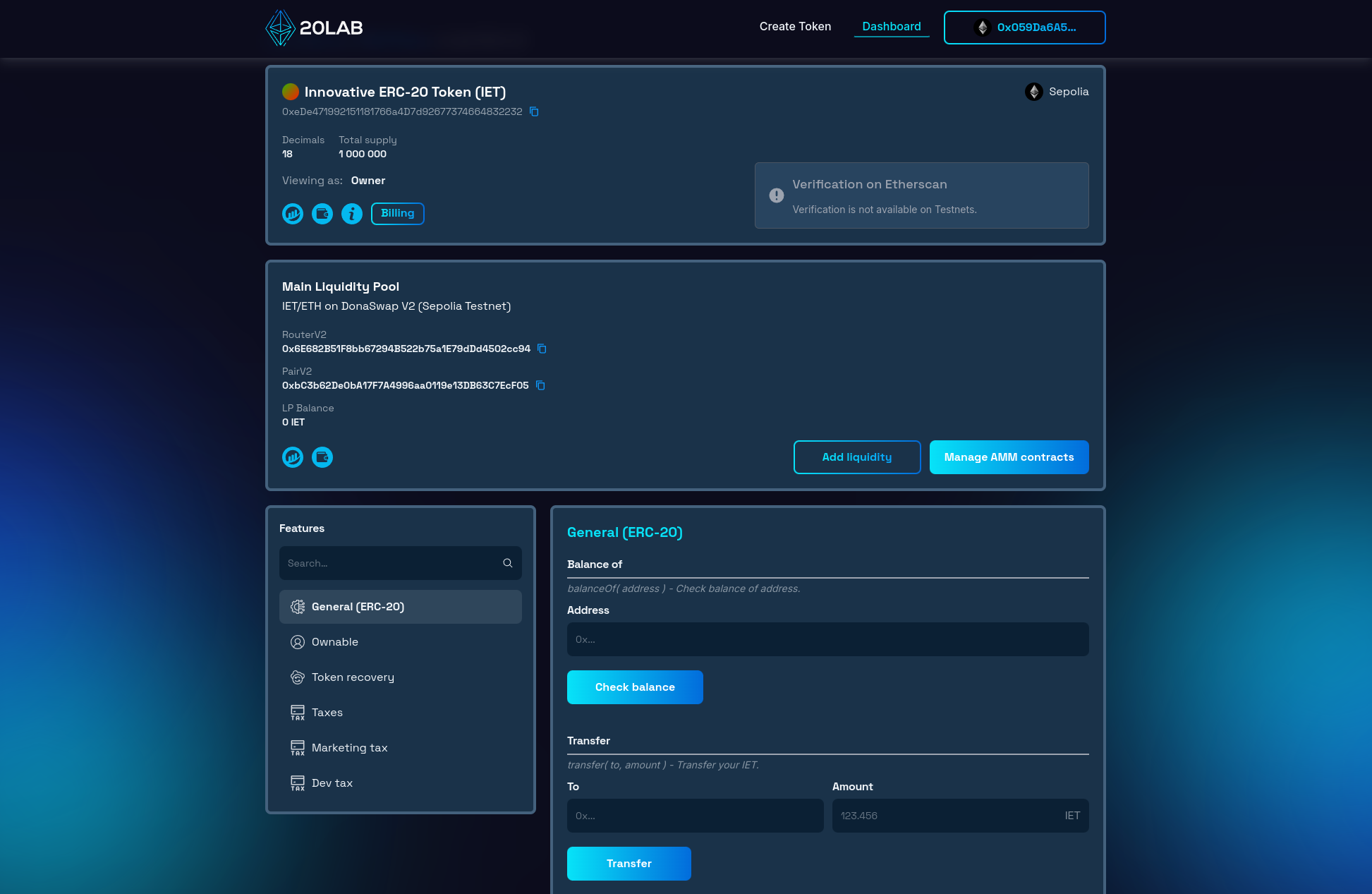 Dashboard panel for created ERC-20 token