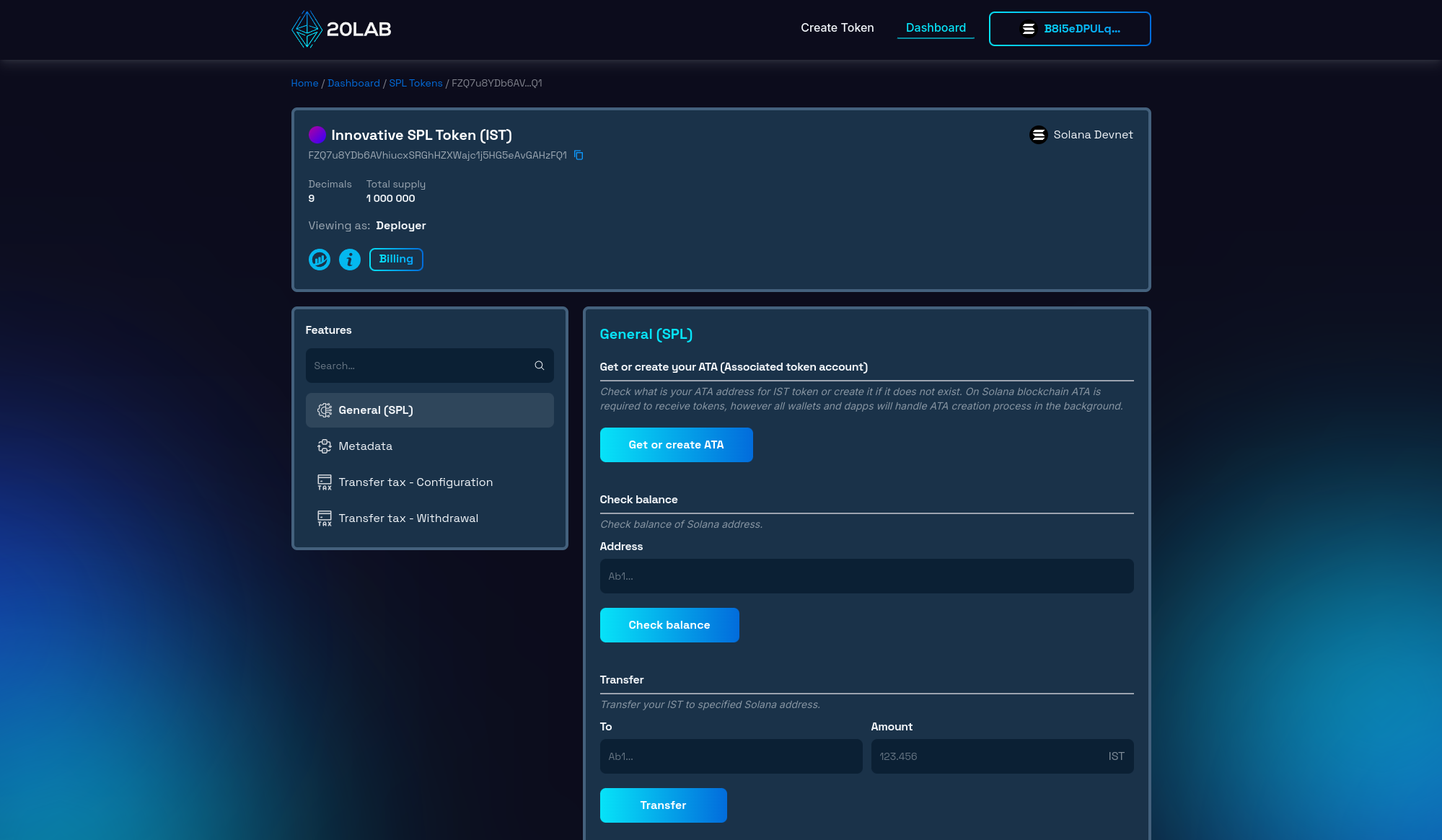 Dashboard panel for newly created SPL token