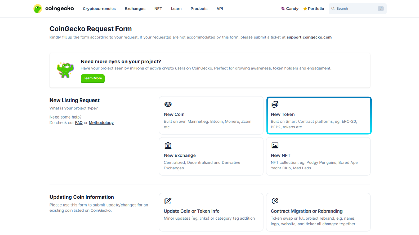 The CoinGecko submission form homepage showing various submission options, including the categories New Coin, New Exchange, New NFT, and the highlighted New Token section.