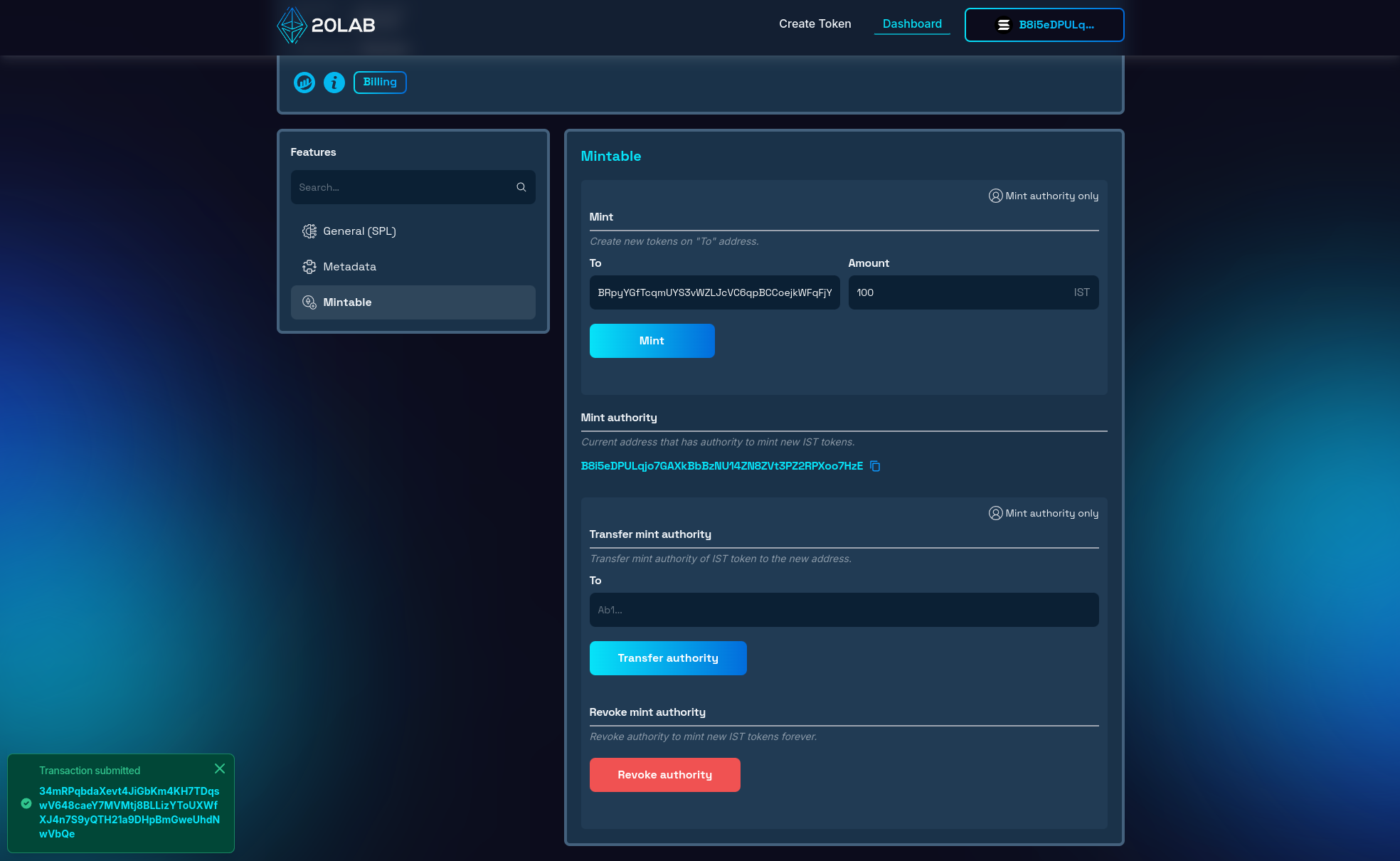 Result of successfully minting tokens to another address