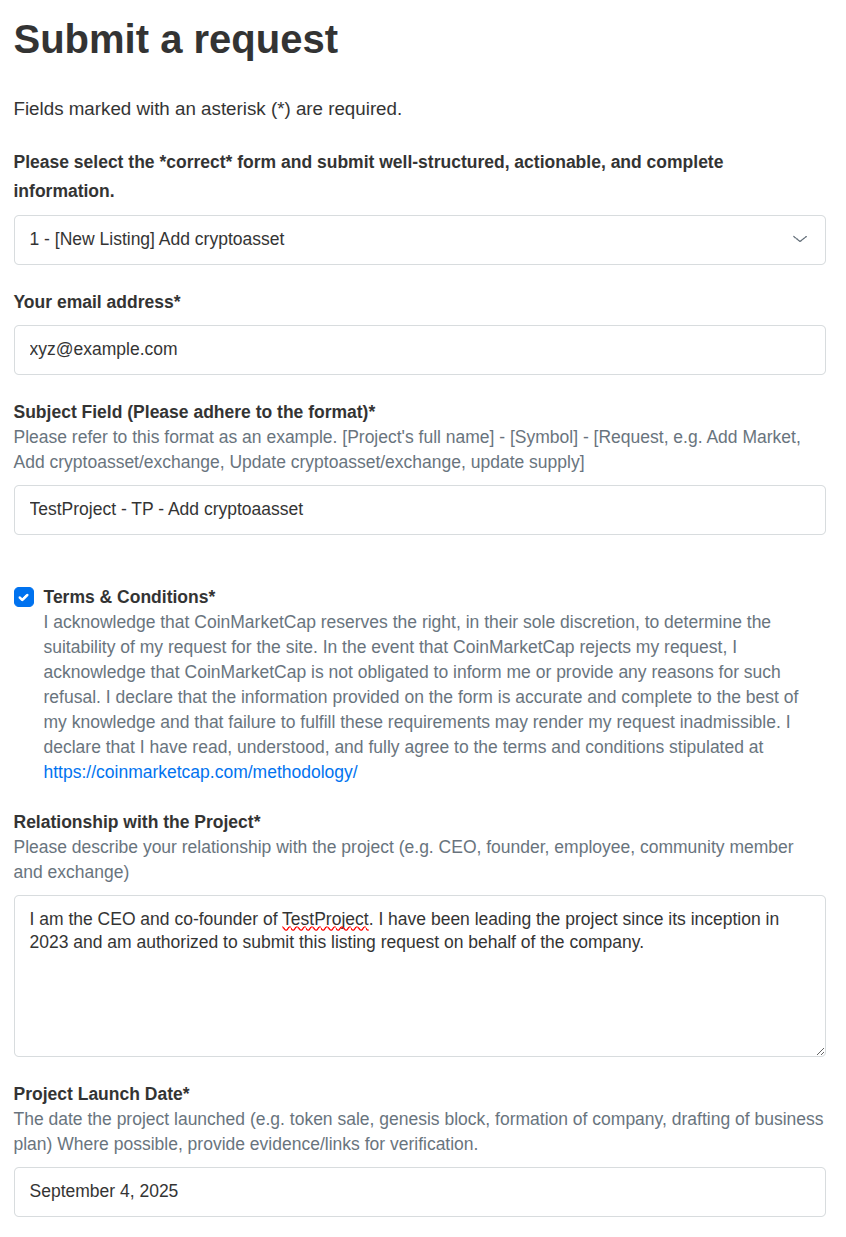 Fragment of CoinMarketCap application form with sections for form selection, email address, subject field, terms & conditions, relationship with the project, and project launch date.