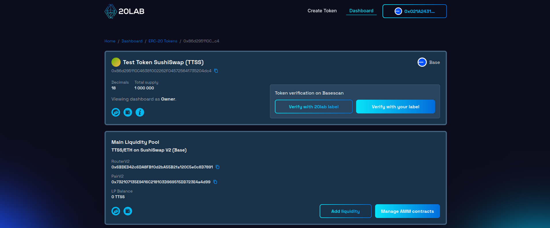Main liquidity section in 20lab dashboard for SushiSwap