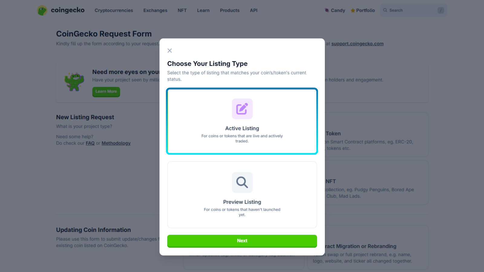 CoinGecko listing type selection modal dialog displaying options to choose between the selected "Active Listing" and "Preview Listing".