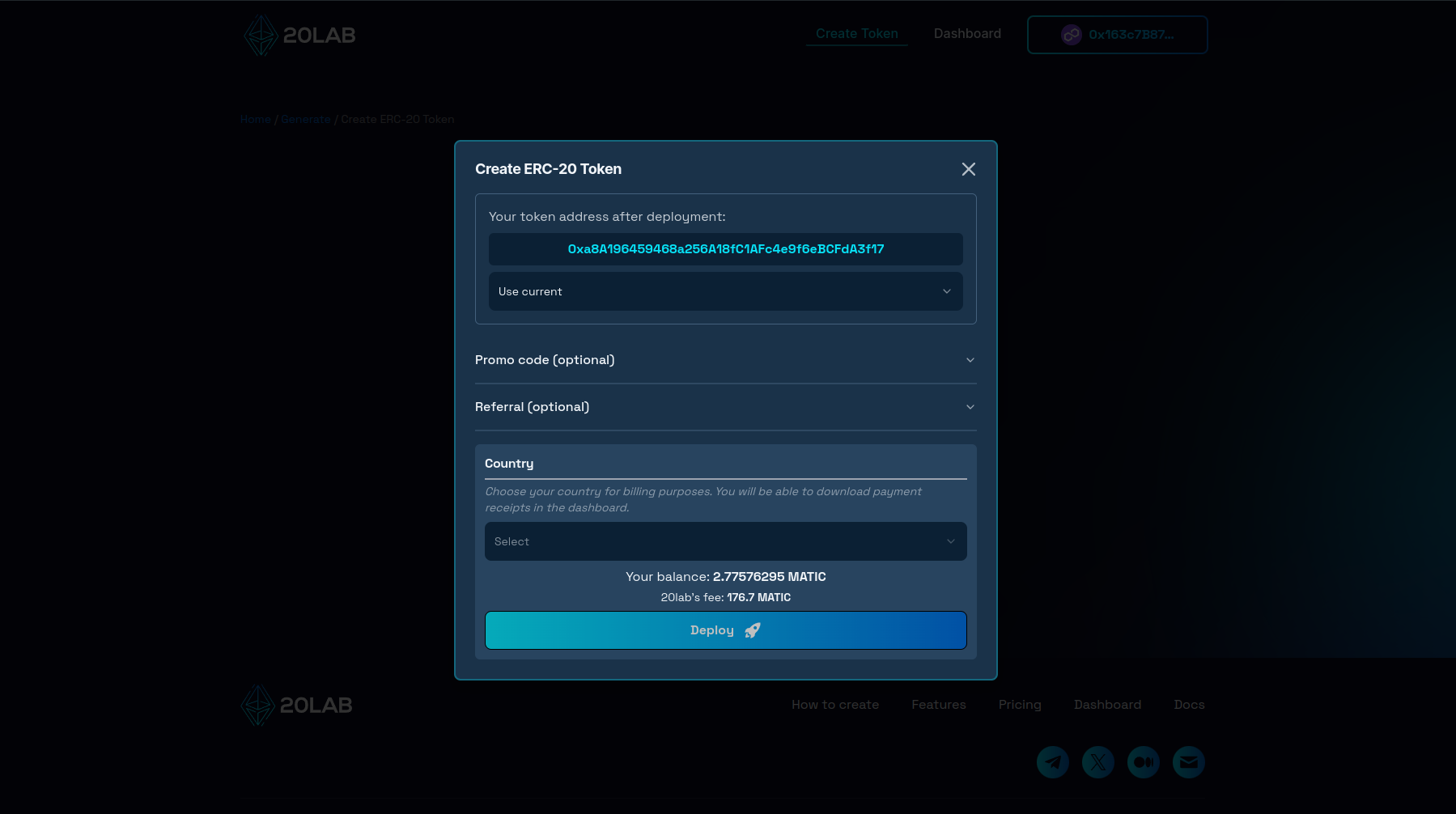 Deployment modal showing final token address