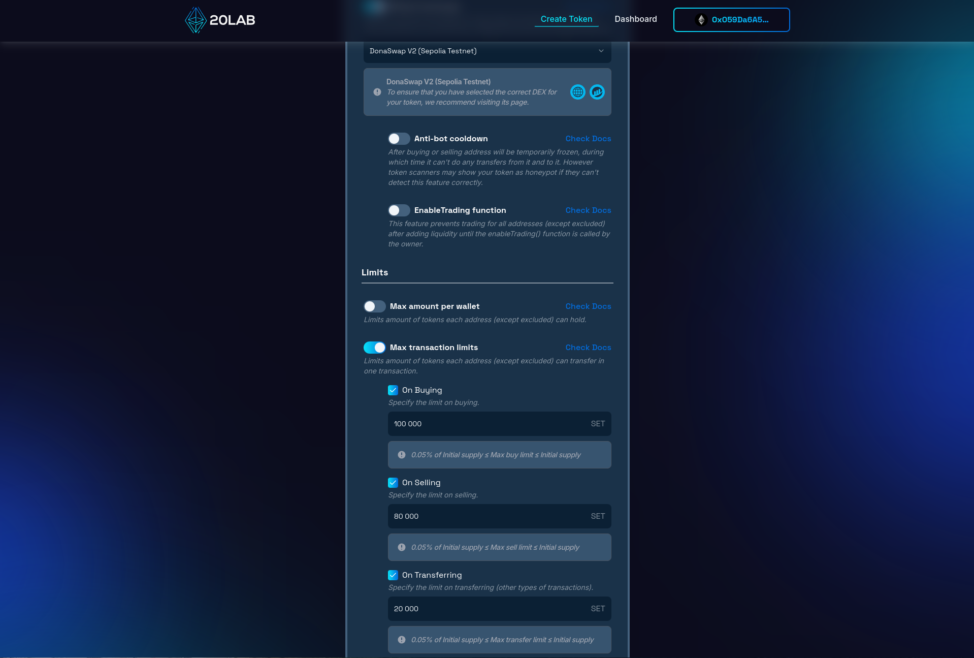 Enabling max transaction limits for ERC-20 token