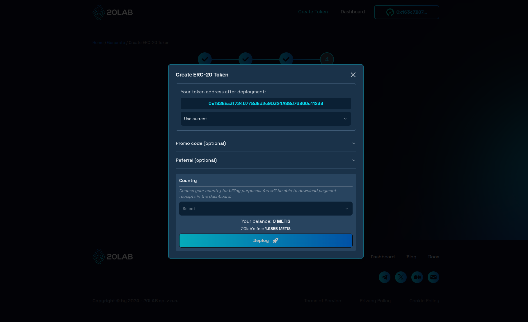 Deployment modal showing final token address