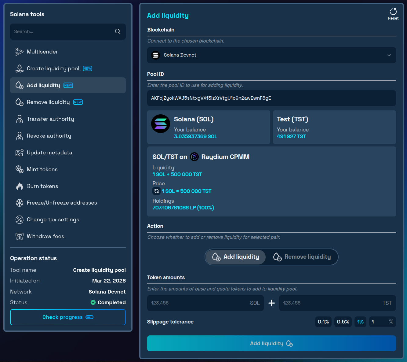 Add liquidity tool interface