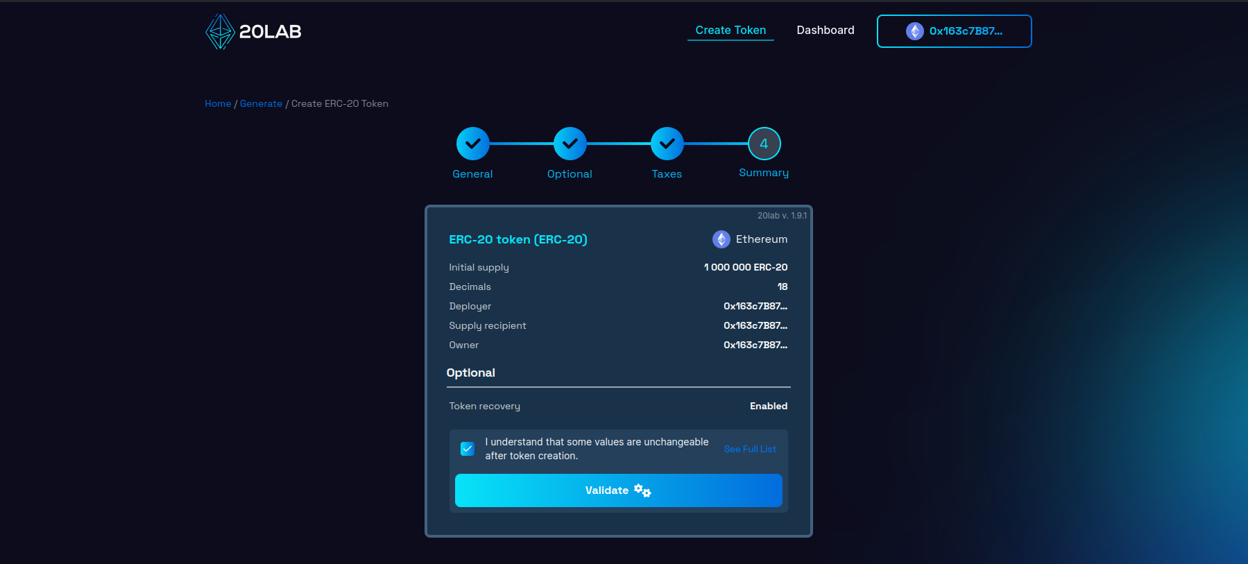 Summary page with all selected features and provided values