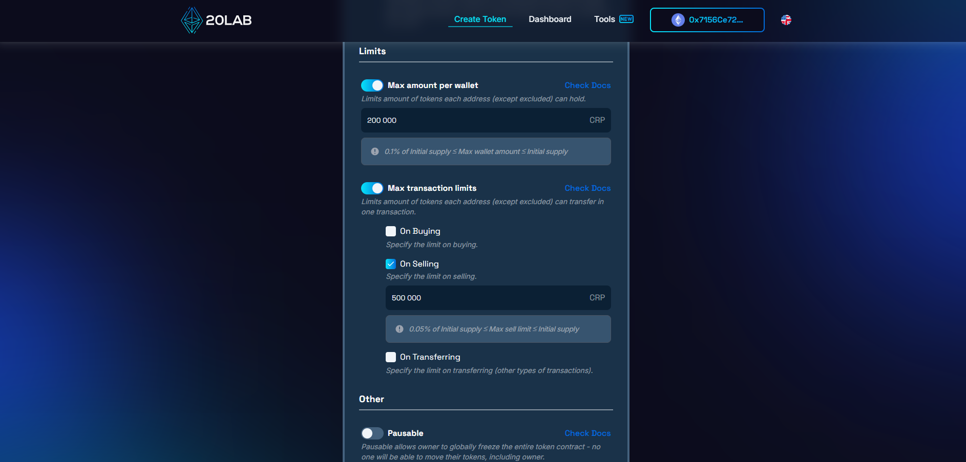Interface for creating ERC-20 tokens, highlighting optional settings with toggles labeled Max amount per wallet and Max transaction limits.