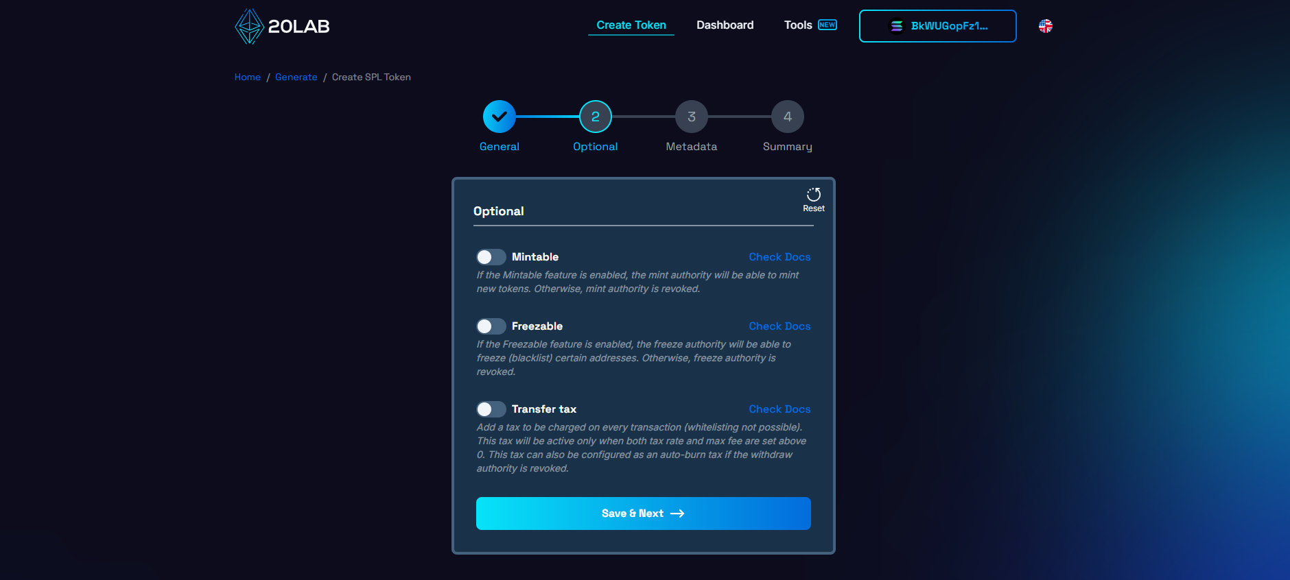 Interface for creating SPL tokens, highlighting optional settings with toggles labeled Mintable, Freezable, and Transfer tax.