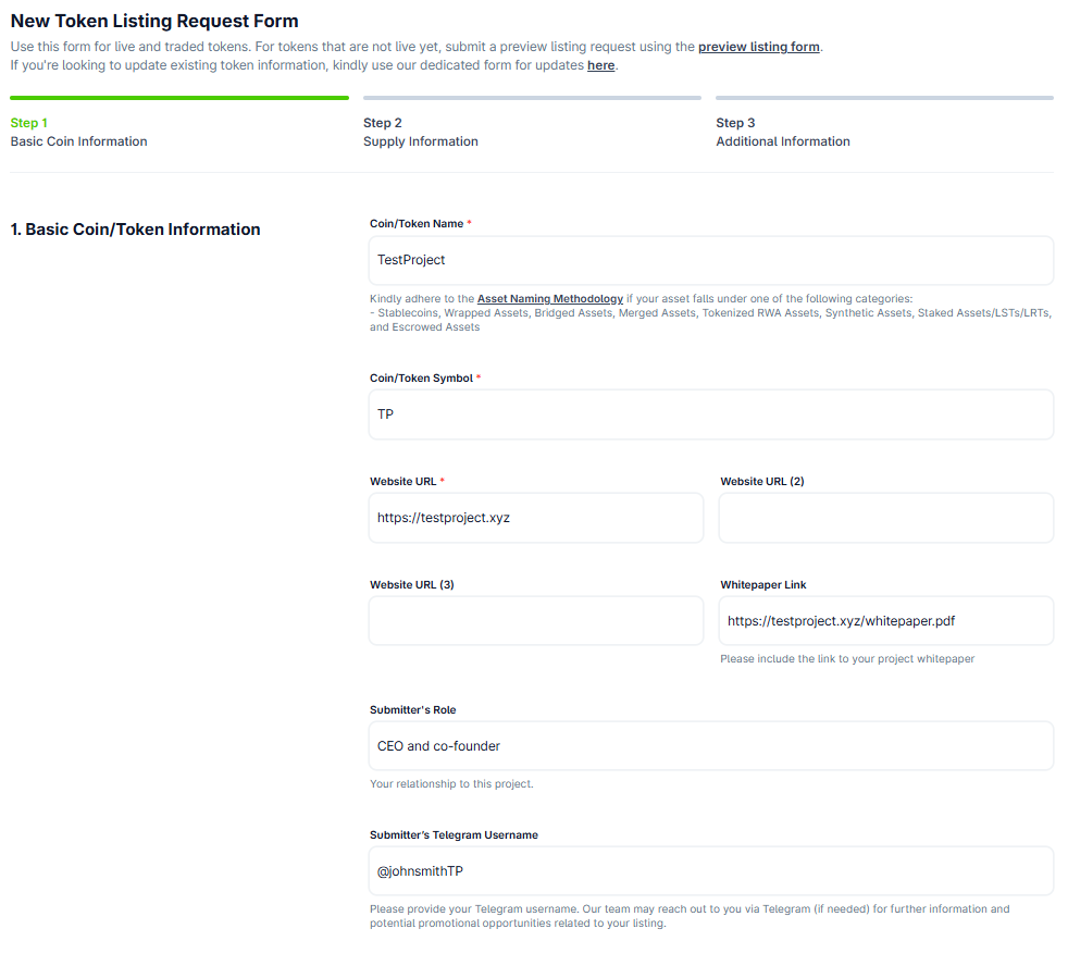 Fragment of CoinGecko application form with sections for basic coin/token information including fields for token name, symbol, website URLs, whitepaper link, submitter's role, and Telegram username.