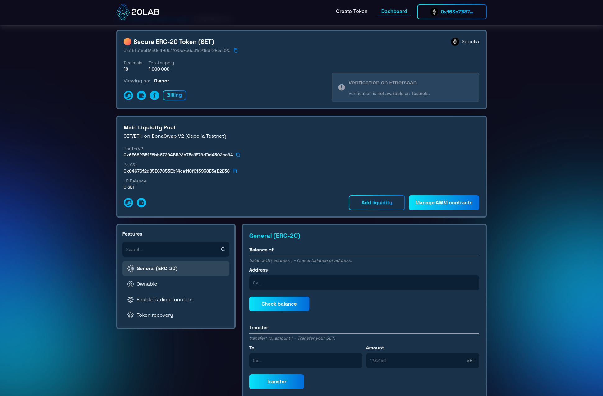 Dashboard panel for created ERC-20 token