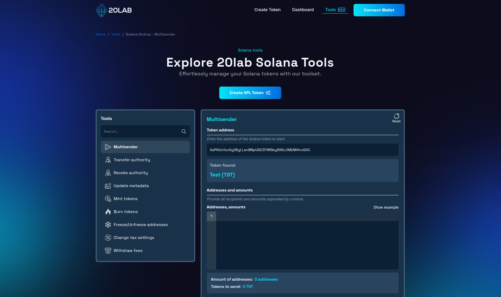 Solana tools interface before connecting a wallet