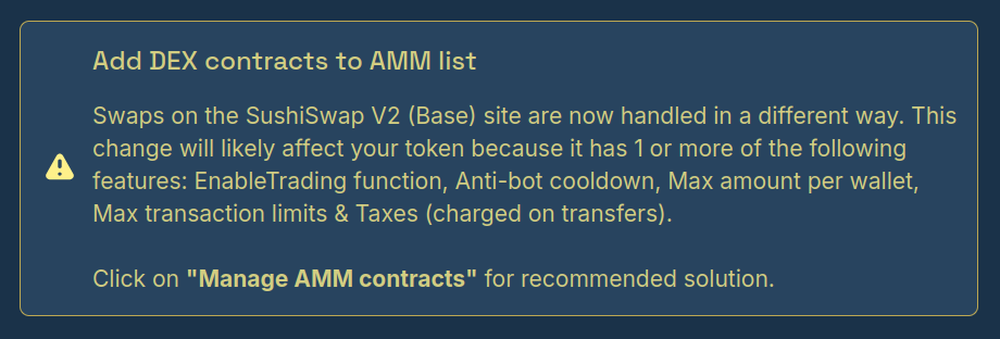 Dashboard notice about adding DEX contracts to AMM list