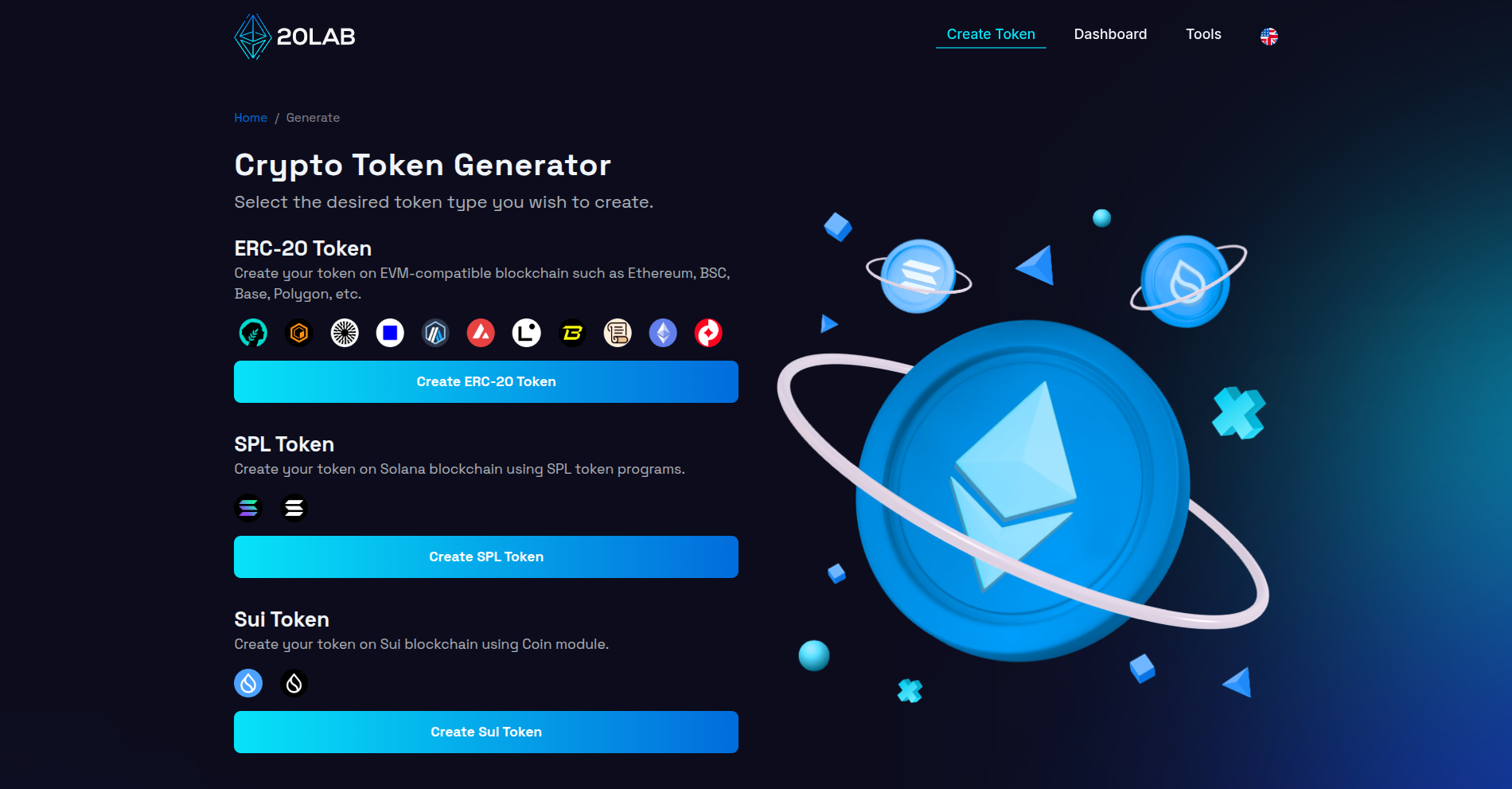 Choosing ERC-20, SPL or Sui token type on 20lab