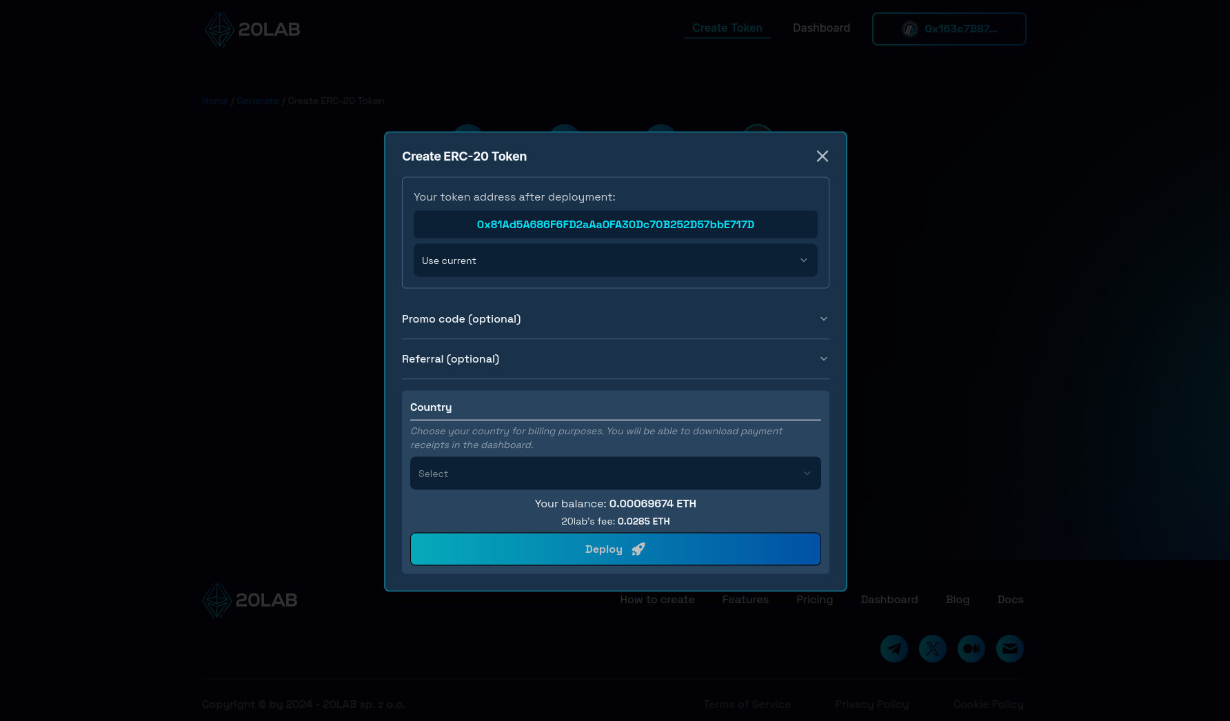 Deployment modal showing final token address
