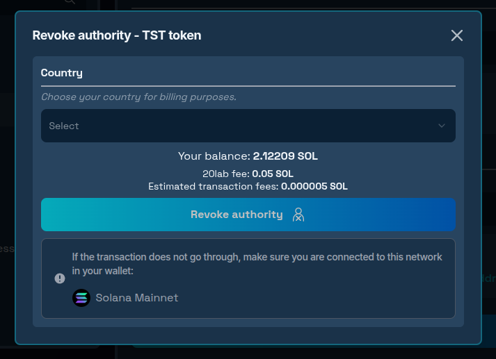Revoke authority confirmation modal window
