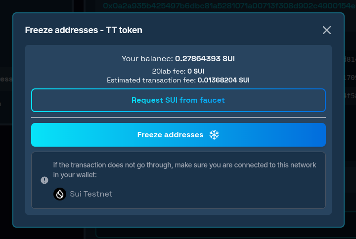 Freeze address tool confirmation modal window