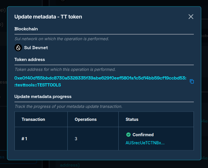 Transaction progress window for Sui tools