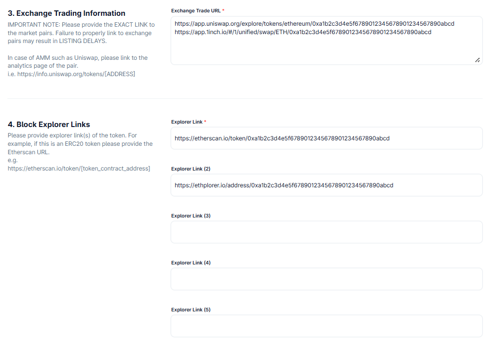 Fragment of CoinGecko application form with sections for exchange trading information and blockchain explorer links, containing fields for trading URLs and multiple explorer link entries.