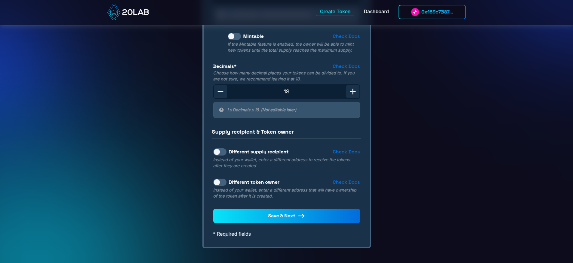 View on different supply recipient and different token owner options
