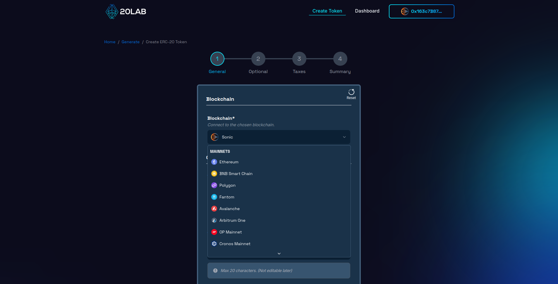 Changing blockchain in generator page to Sonic