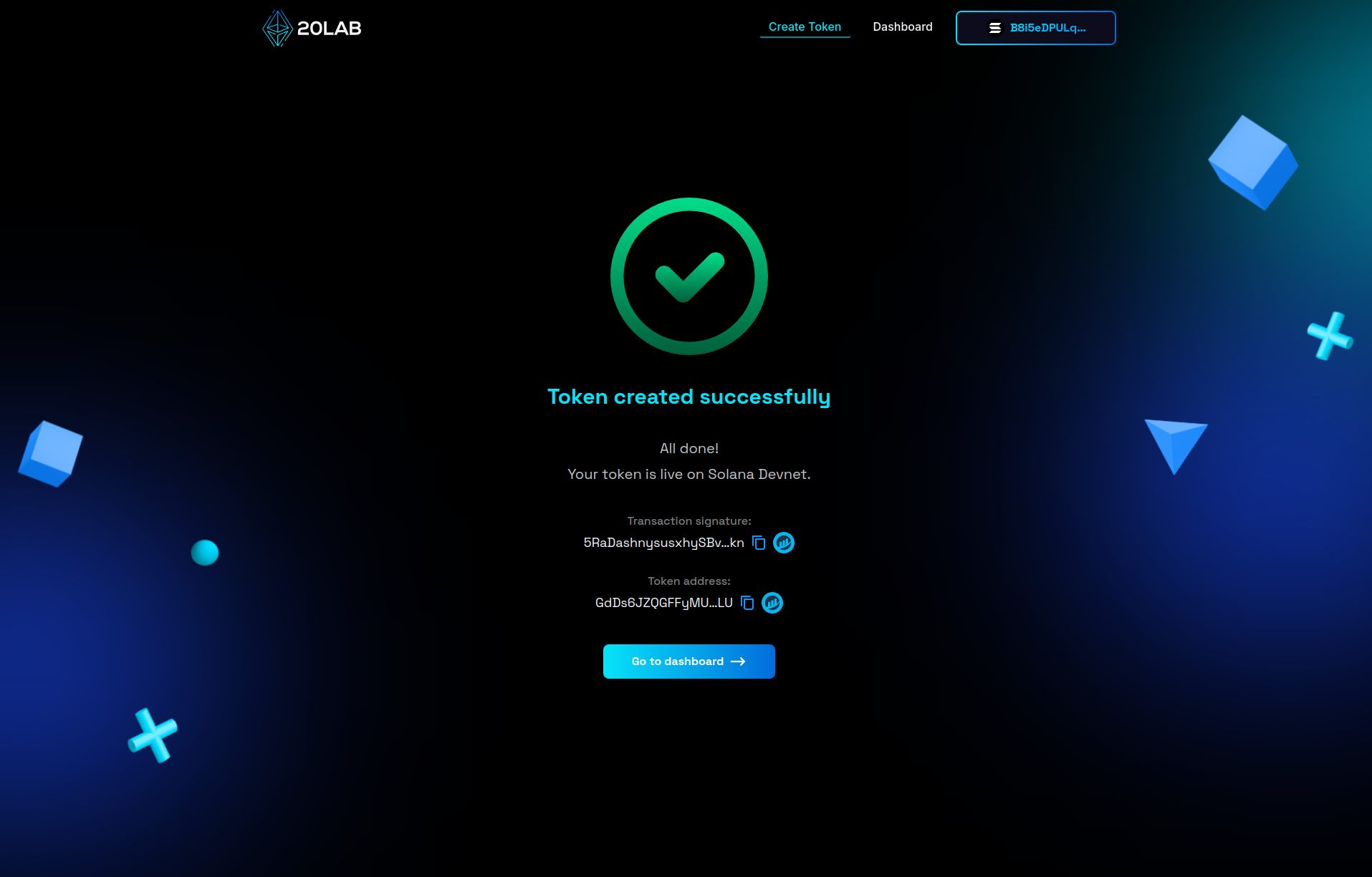 Confirmation of successful token creation on Solana Devnet