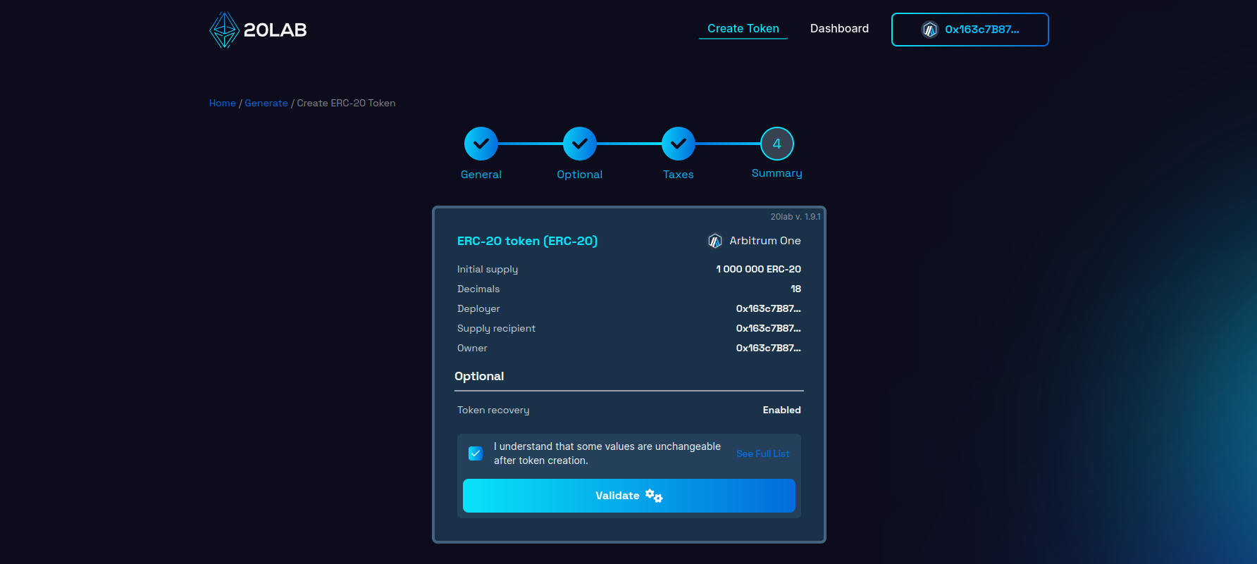 Summary page with all selected features and provided values