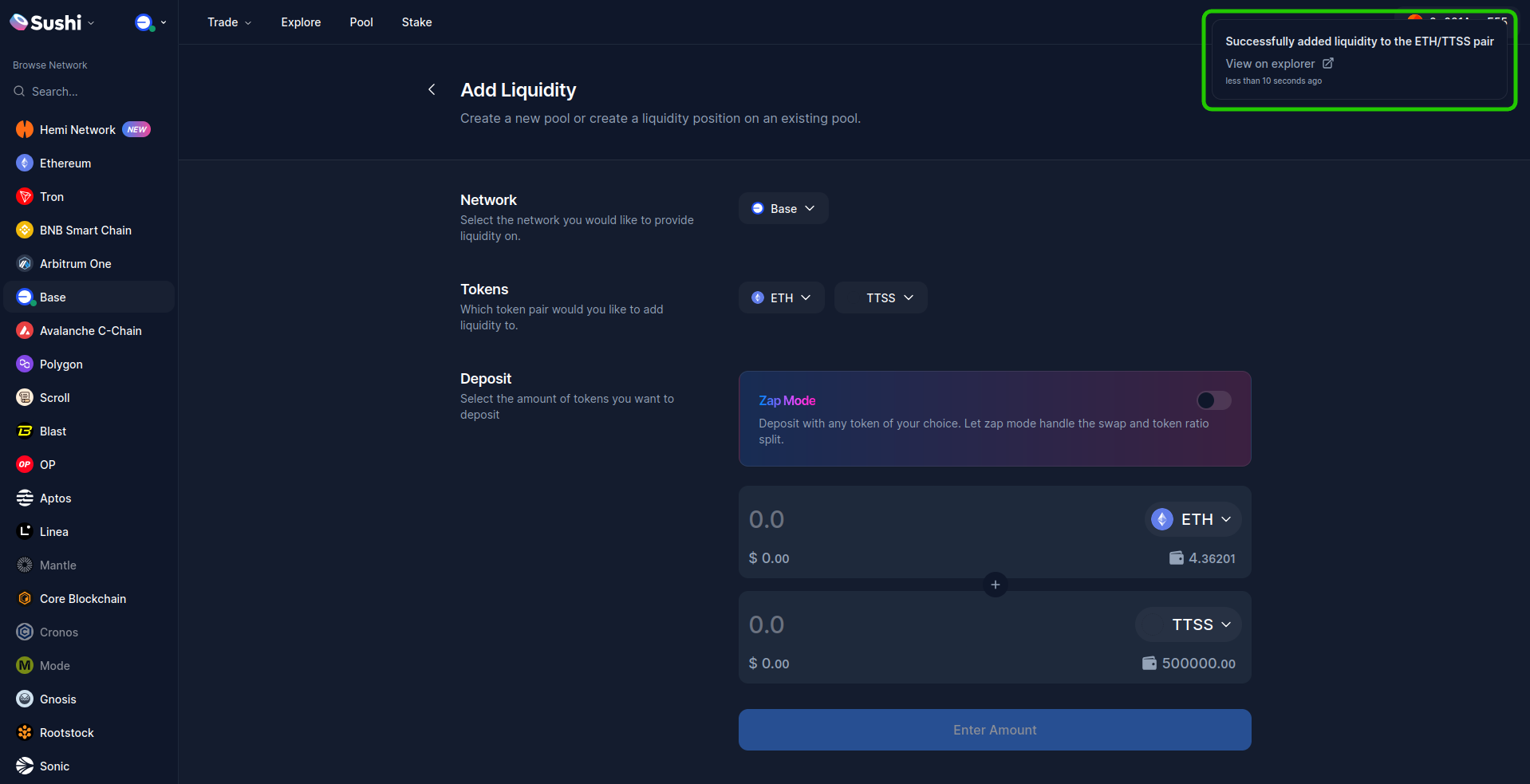 Confirmation for adding liquidity on SushiSwap