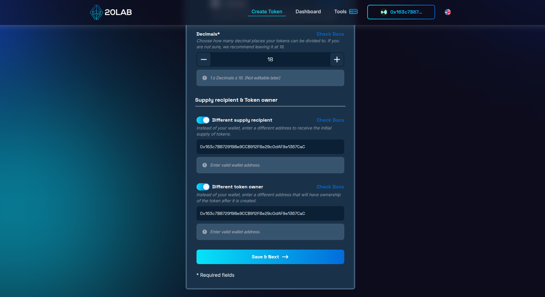 View on different supply recipient and different token owner options