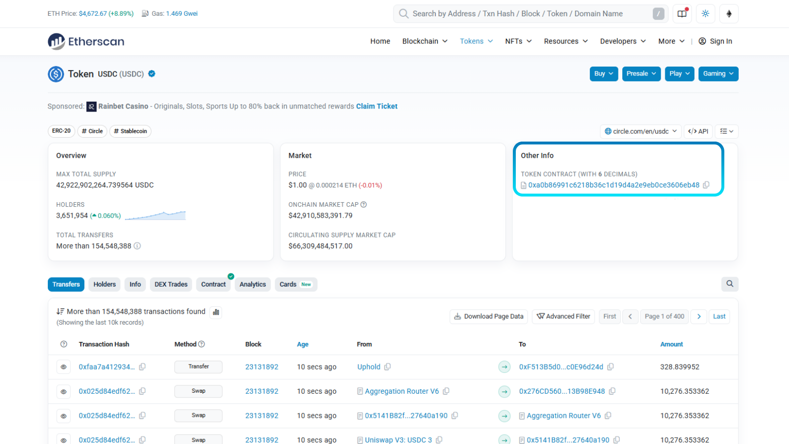 Etherscan page displaying USDC token details with the token address highlighted for copying.