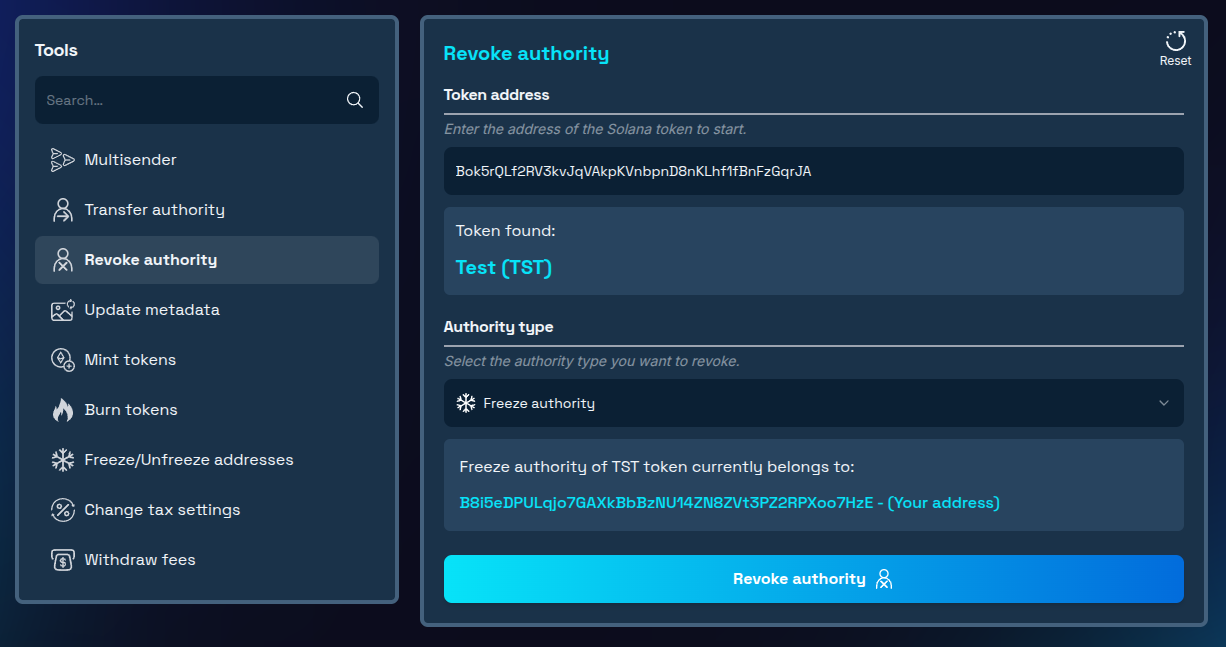 Token selected with freeze authority option