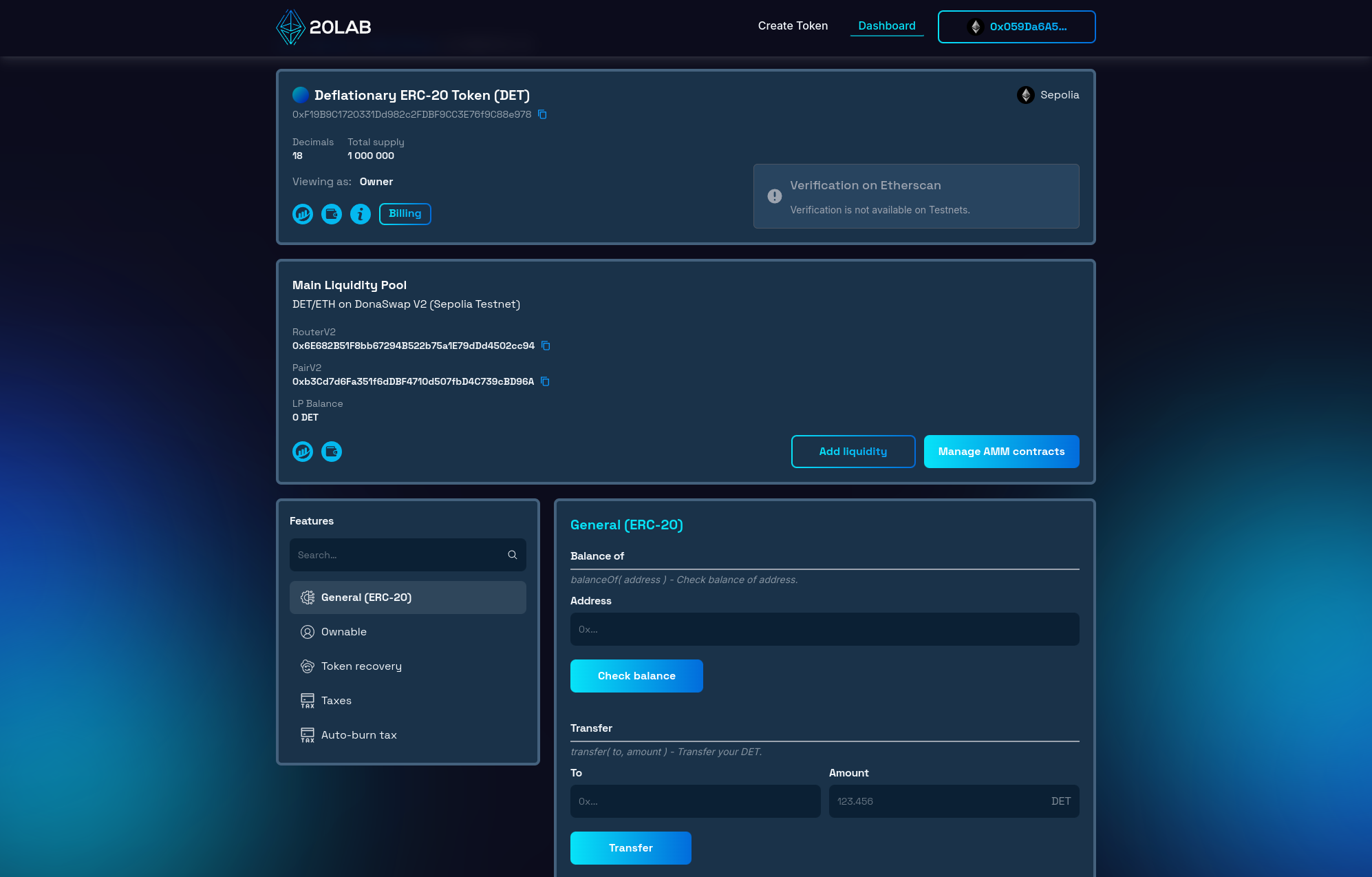 Dashboard panel for created ERC-20 token