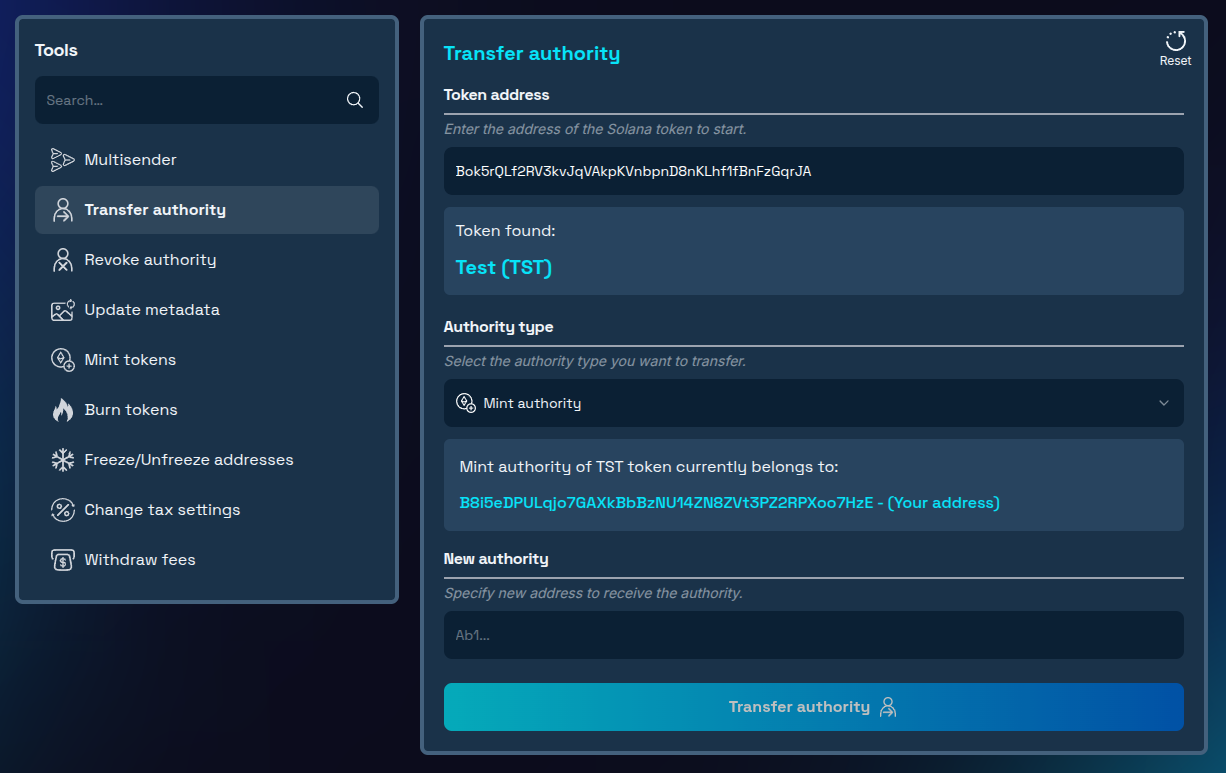 Token selected with mint authority option