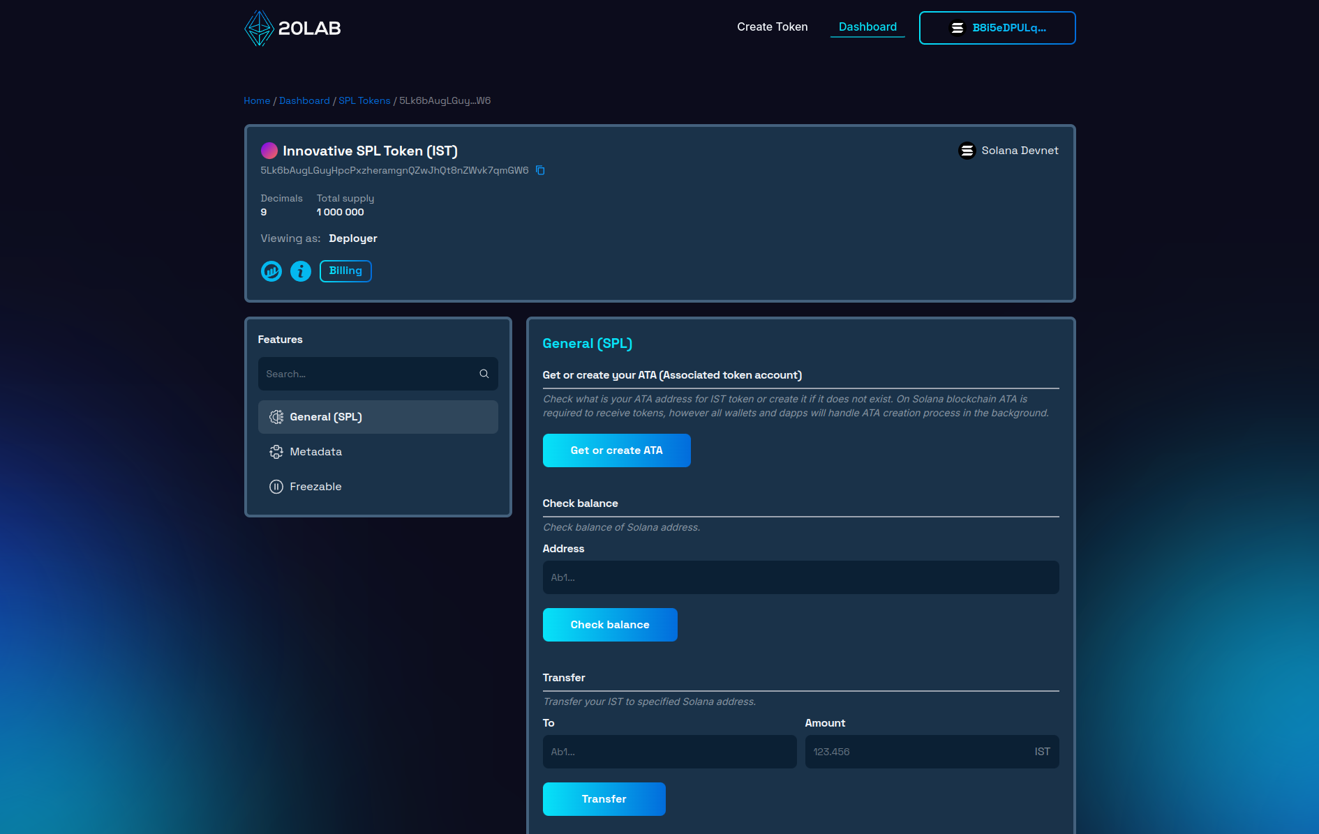 Dashboard panel for newly created SPL token
