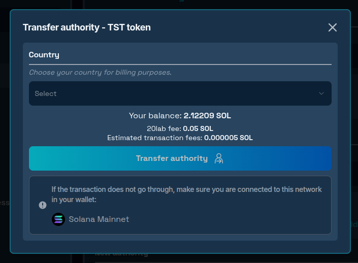 Transfer authority confirmation modal window